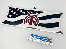 Load image into Gallery viewer, Challenger taillight divider decal featuring a stylized American flag design with stars and stripes, incorporating a red MOPAR Devil logo in the center. Below, a blue and white AREX Auto Styling logo is visible.