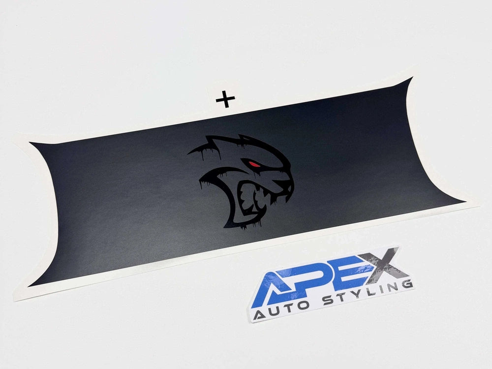 Black taillight divider decal with Hellcat logo for Dodge Challenger, featuring dripping effect and red eye detail. APEX Auto Styling branding visible below.