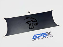 Load image into Gallery viewer, Black taillight divider decal with Hellcat logo for Dodge Challenger, featuring dripping effect and red eye detail. APEX Auto Styling branding visible below.
