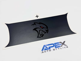 Black taillight divider decal with Hellcat logo for Dodge Challenger, featuring dripping effect and red eye detail. APEX Auto Styling branding visible below.