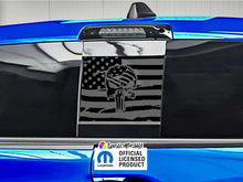 Load image into Gallery viewer, Custom RAM truck rear sliding window decal featuring Punisher skull on American flag design, shown on blue vehicle with official licensed product sticker