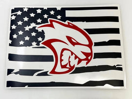 Custom RAM truck rear window decal featuring American flag design with red Hellcat logo, showcasing patriotic style and performance branding for 2009+ models
