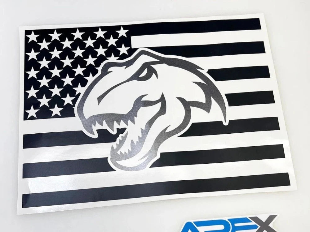 RAM TRX Dino logo decal on black and white American flag design for rear sliding window, showcasing custom vinyl application for 2009+ RAM pickups