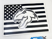 Load image into Gallery viewer, RAM TRX Dino logo decal on black and white American flag design for rear sliding window, showcasing custom vinyl application for 2009+ RAM pickups