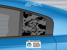 Load image into Gallery viewer, Dodge Charger quarter window decal featuring SRT Hellcat logo on matte black background, installed on blue car. Apex Auto Styling and Mopar logos visible.