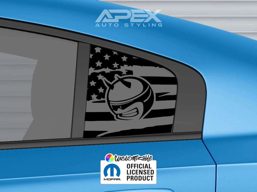 Blue Dodge Charger with custom quarter window decal featuring Demon Bee logo and American flag design, showcasing Apex Auto Styling product with official Mopar licensing sticker
