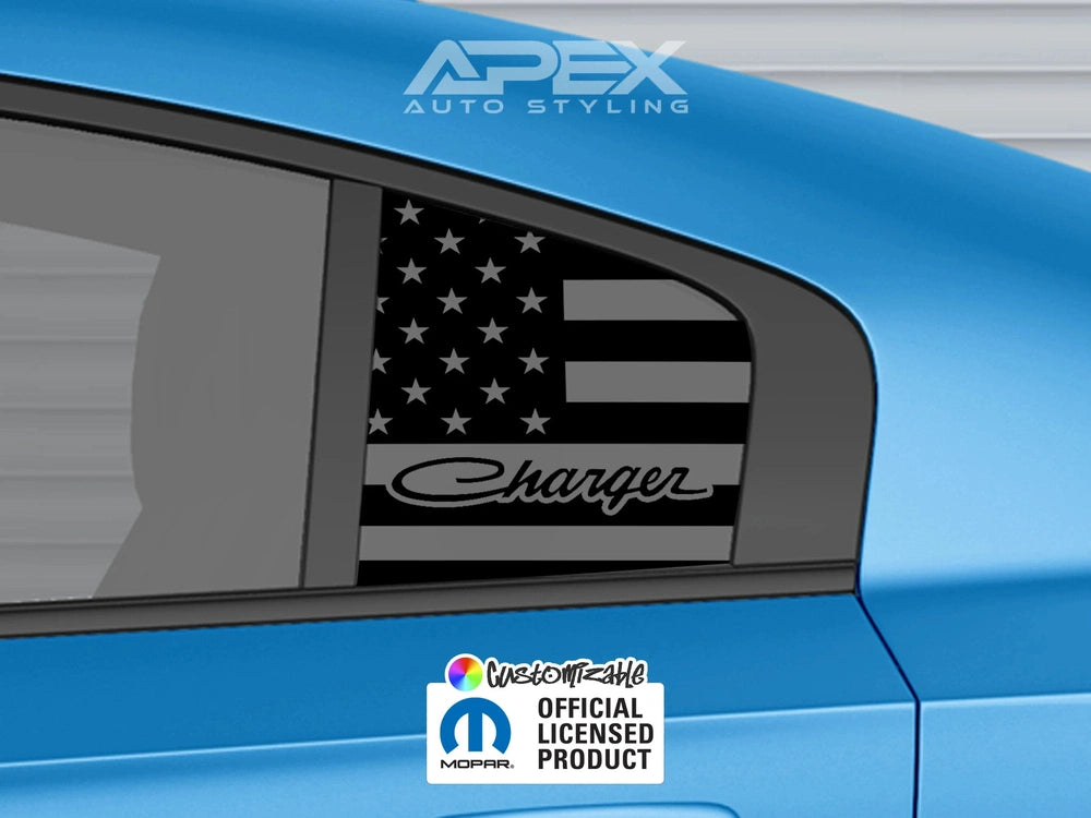 Blue Dodge Charger with custom quarter window decal featuring American flag design and Charger logo, showcasing Apex Auto Styling product and Mopar official licensed product emblem