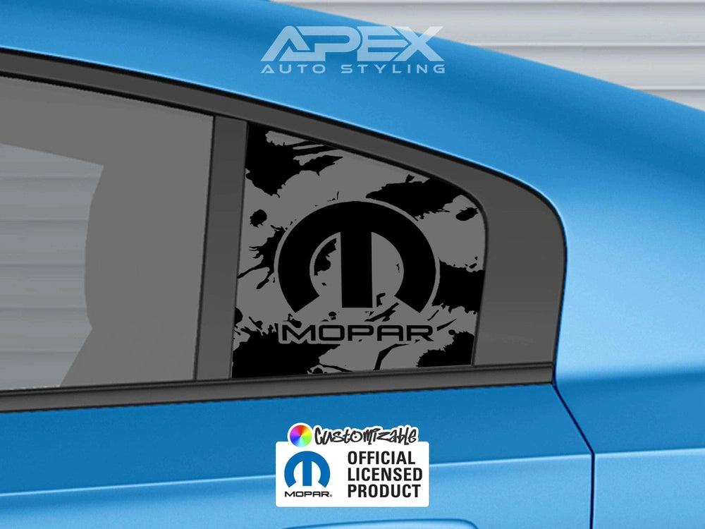 Custom MOPAR logo quarter window decal on blue Dodge Charger, showcasing Apex Auto Styling product for 2011-2023 models. Black vinyl design with distressed effect, officially licensed Mopar accessory.