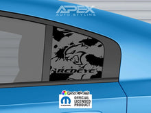 Load image into Gallery viewer, Blue Dodge Charger with black Hellcat Redeye logo quarter window decal, showcasing Apex Auto Styling customization. Official Mopar licensed product sticker visible.