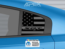 Load image into Gallery viewer, Blue Dodge Charger with custom quarter window decal featuring American flag design and SRT logo, showcasing Apex Auto Styling product and Mopar official licensed product label
