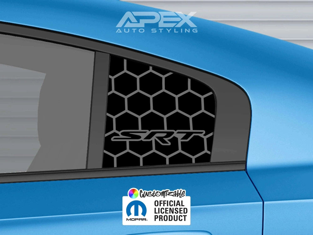 Custom SRT logo quarter window decal on blue Dodge Charger, featuring black honeycomb pattern background with contrasting logo. APEX Auto Styling branding visible. Official licensed Mopar product.