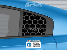 Load image into Gallery viewer, Custom SRT logo quarter window decal on blue Dodge Charger, featuring black honeycomb pattern background with contrasting logo. APEX Auto Styling branding visible. Official licensed Mopar product.