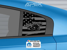 Load image into Gallery viewer, Blue Dodge Charger with custom quarter window decal featuring Superbee logo and American flag design, showcasing Apex Auto Styling product and Mopar official licensed product badge