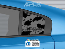 Load image into Gallery viewer, Dodge Charger quarter window decal featuring Swinger logo on matte black background, applied to blue car body, with APEX Auto Styling and Mopar official licensed product logos visible