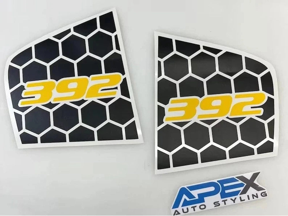 Charger quarter window decals with 392 logo in yellow on black honeycomb pattern background, custom fit for 2011-2023 models, displayed with APEX Auto Styling branding