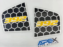Load image into Gallery viewer, Charger quarter window decals with 392 logo in yellow on black honeycomb pattern background, custom fit for 2011-2023 models, displayed with APEX Auto Styling branding