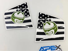 Load image into Gallery viewer, Custom Dodge Charger quarter window decals featuring green Demon Bee logo on black and white American flag background, designed for 2011-2023 models