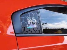 Load image into Gallery viewer, Dodge Charger quarter window with custom Scat Pack logo decal, featuring black honeycomb pattern and blue bee design, installed on vibrant red vehicle exterior
