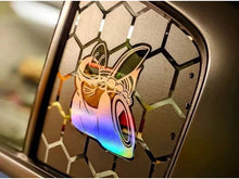 Load image into Gallery viewer, Colorful Scat Pack logo decal on Dodge Charger quarter window, featuring honeycomb pattern background and iridescent bee design, showcasing custom vinyl application for 2011-2023 models