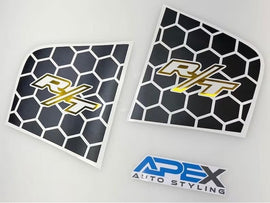 Custom Dodge Charger quarter window decals with black honeycomb pattern and gold R/T logo, displayed alongside Apex Auto Styling logo