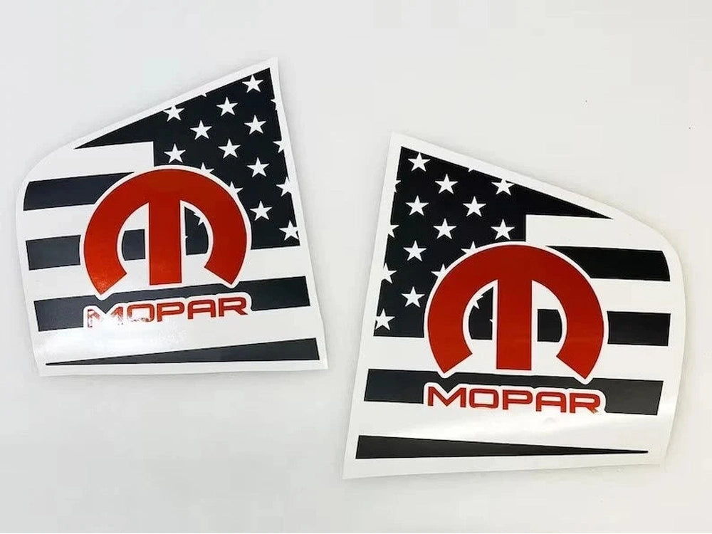 Dodge Charger quarter window decals featuring black and white American flag design with red MOPAR logo, custom fit for 2011-2023 models, offering unique patriotic styling for car enthusiasts