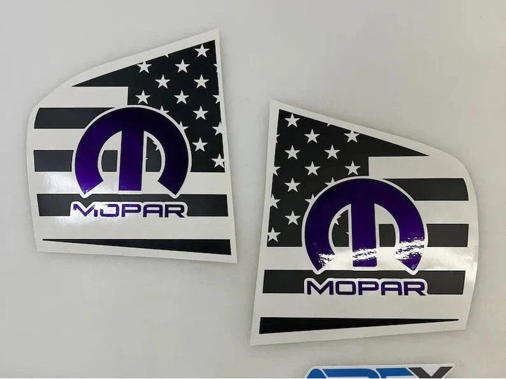 Custom Dodge Charger quarter window decals featuring MOPAR logo and American flag design in black, white, and purple, showcasing patriotic style for 2011-2023 models