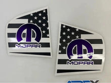 Load image into Gallery viewer, Custom Dodge Charger quarter window decals featuring MOPAR logo and American flag design in black, white, and purple, showcasing patriotic style for 2011-2023 models