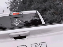 Load image into Gallery viewer, RAM truck with custom TRX Dino logo decal on rear sliding window, showcasing the product on a white pickup against a natural background