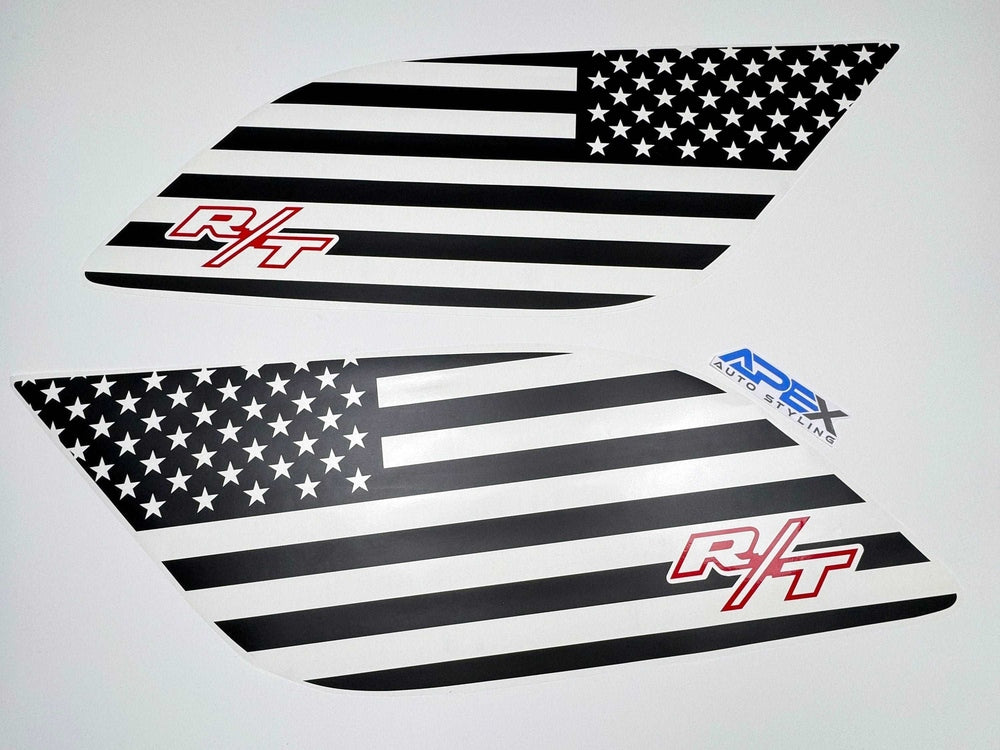 Durango quarter window decals featuring American flag design with R/T logo in red and APEX in blue, showcasing patriotic style for 2011+ Dodge Durango models