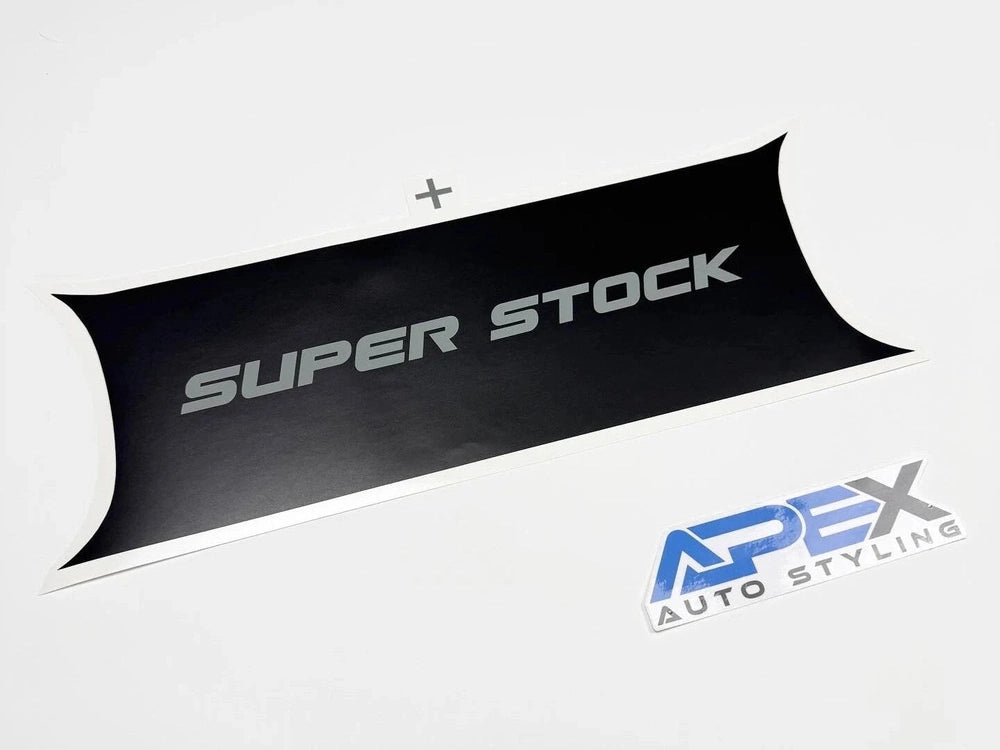 Black curved decal with "SUPER STOCK" text in silver, displayed next to blue Apex Auto Styling logo on white background, showcasing Challenger taillight divider design