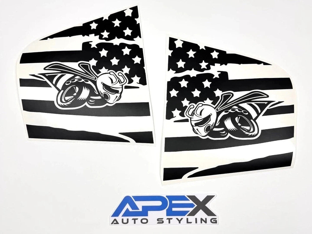 Black and white American flag-inspired quarter window decals for Dodge Charger featuring Superbee logo, designed by Apex Auto Styling for custom vehicle appearance