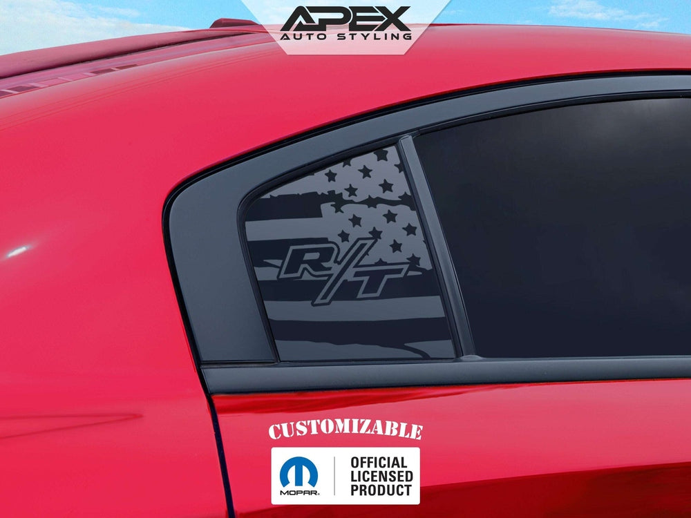 Red Dodge Charger with custom R/T logo quarter window decal featuring American flag design, showcasing Apex Auto Styling product for 2011-2023 models