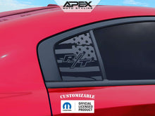 Load image into Gallery viewer, Red Dodge Charger with custom R/T logo quarter window decal featuring American flag design, showcasing Apex Auto Styling product for 2011-2023 models