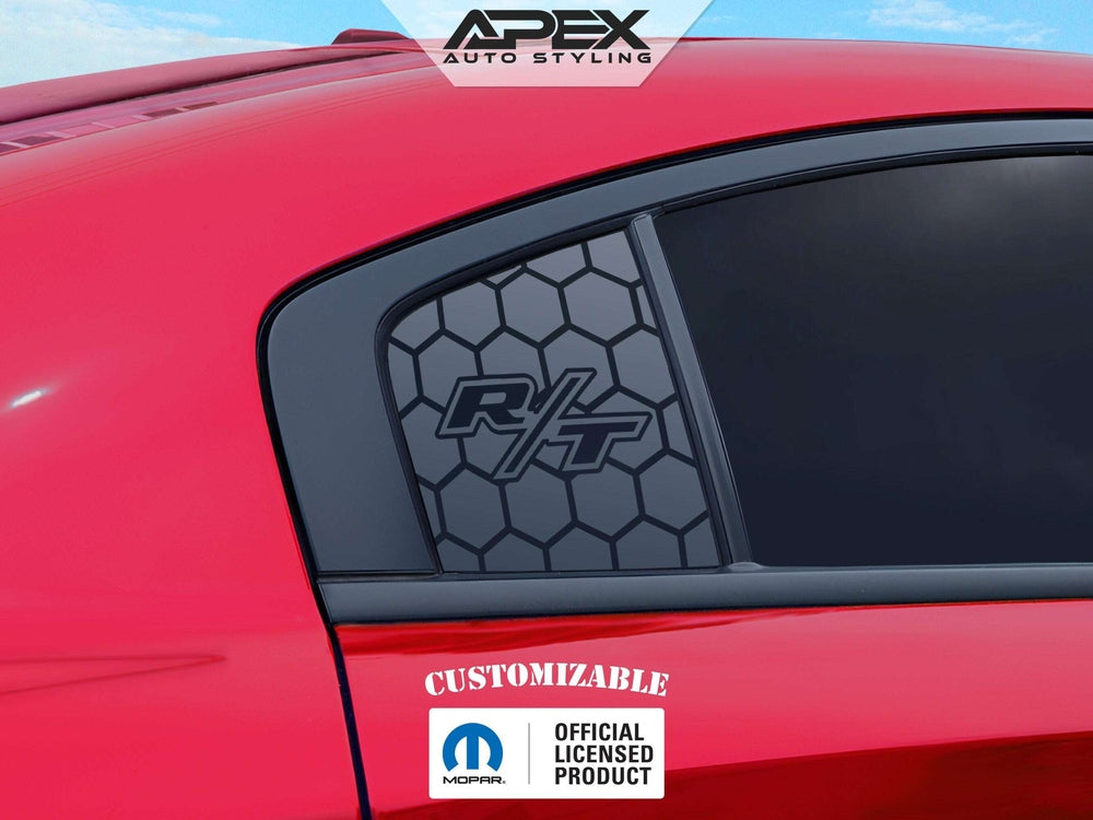 Red Dodge Charger with custom quarter window decal featuring honeycomb pattern and R/T logo, showcasing Apex Auto Styling product for 2011-2023 models