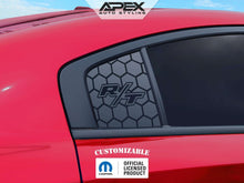 Load image into Gallery viewer, Red Dodge Charger with custom quarter window decal featuring honeycomb pattern and R/T logo, showcasing Apex Auto Styling product for 2011-2023 models