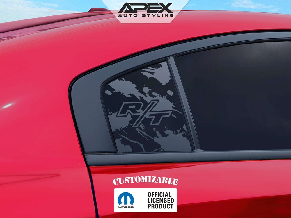 Red Dodge Charger with custom R/T logo quarter window decal, showcasing Apex Auto Styling's customizable product for 2011-2023 models