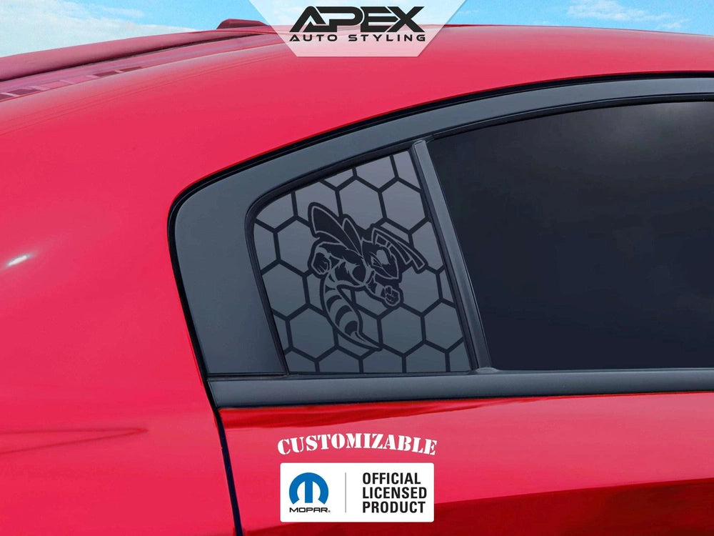 Red Dodge Charger with custom quarter window decal featuring angry hornet logo on hexagonal pattern background, showcasing Apex Auto Styling product for 2011-2023 models