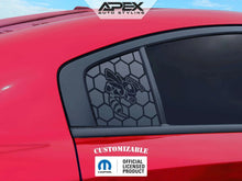 Load image into Gallery viewer, Red Dodge Charger with custom quarter window decal featuring angry hornet logo on hexagonal pattern background, showcasing Apex Auto Styling product for 2011-2023 models