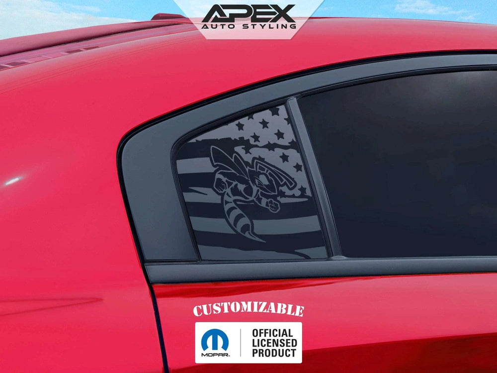 Red Dodge Charger with custom Angry Hornet logo decal on quarter window. Decal features matte black background with American flag pattern and hornet mascot. Apex Auto Styling logo visible. Car exterior showcases sleek design and personalized styling.