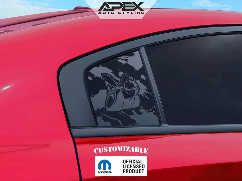 Red Dodge Charger with custom quarter window decal featuring Scat Pack logo in black, showcasing Apex Auto Styling product for 2011-2023 models