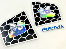 Load image into Gallery viewer, Dodge Charger quarter window decals with Scat Pack logo on hexagonal pattern background, showcasing holographic bee design and RPM Autographics branding