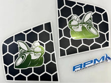 Load image into Gallery viewer, Dodge Charger quarter window decals featuring Scat Pack bee logo in green on black honeycomb pattern background, with RPM Hydrographics branding visible
