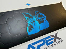 Load image into Gallery viewer, Challenger taillight divider decal with bright blue Scat Pack logo on black honeycomb pattern background, displayed on product packaging from Apex Styling