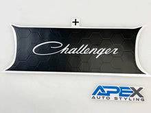 Load image into Gallery viewer, Customizable Dodge Challenger taillight divider decal with hexagonal pattern and Challenger logo, showcasing matte black background and white text. Apex Auto Styling logo visible below.
