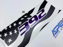 Load image into Gallery viewer, Challenger taillight divider decal featuring American flag design with purple 392 logo, showcasing custom vinyl application for Dodge Challenger vehicles. Auto Shield logo visible in corner.