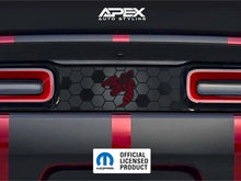 Load image into Gallery viewer, Challenger taillight divider decal with red Angry Hornet logo on hexagonal pattern background, between red taillights. APEX Auto Styling and Mopar branding visible.