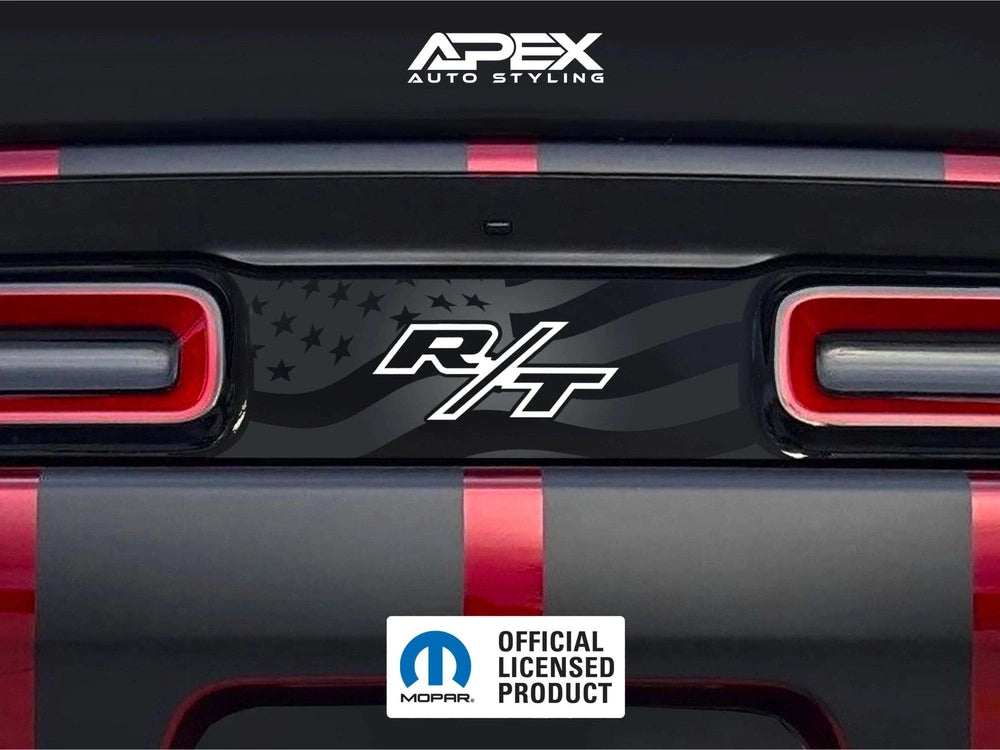 Customizable Challenger taillight divider decal with R/T logo, featuring matte black background and star pattern. Shown on red car with Apex Auto Styling branding and Mopar official licensed product badge.