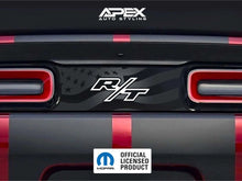 Load image into Gallery viewer, Customizable Challenger taillight divider decal with R/T logo, featuring matte black background and star pattern. Shown on red car with Apex Auto Styling branding and Mopar official licensed product badge.