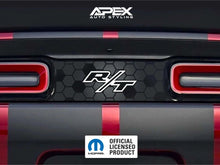 Load image into Gallery viewer, Customizable Challenger taillight divider decal with R/T logo, featuring hexagonal pattern and red accents. APEX Auto Styling branding visible. Officially licensed Mopar product.