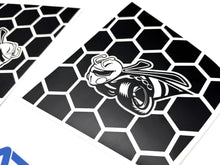 Load image into Gallery viewer, Custom Dodge Charger quarter window decals featuring Superbee logo on black honeycomb pattern background, showcasing precision-cut vinyl design for 2011-2023 models
